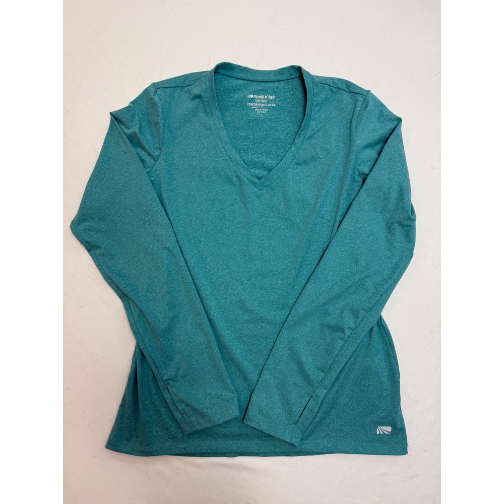Marika Tek Dry-Wik Teal Heather V-Neck Long Sleeve Performance Top Thumbholes